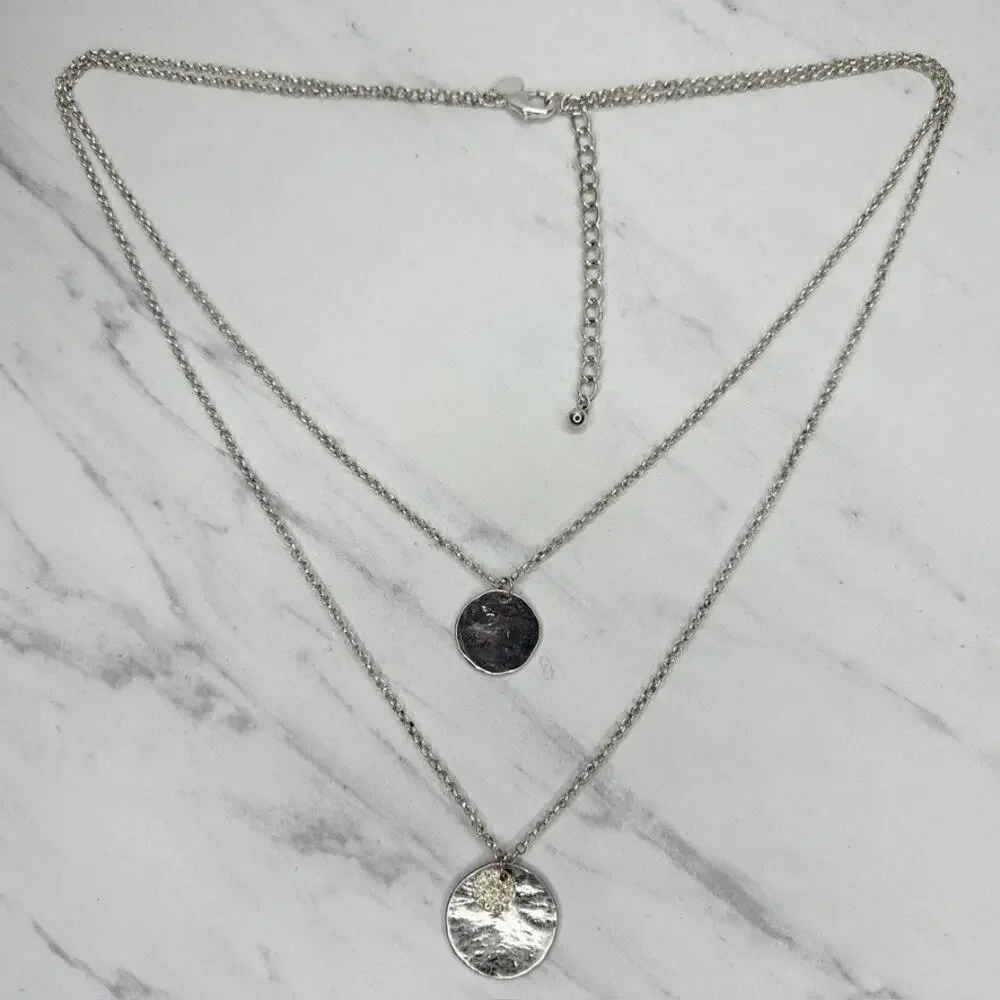 Chico's Layered Hammered Disc Rhinestone Silver Long Necklace ✨